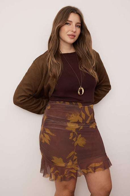 Trendyol Curve Damen Braun Geblümt Kurz / Mini Große Größen Röcke - Image 4