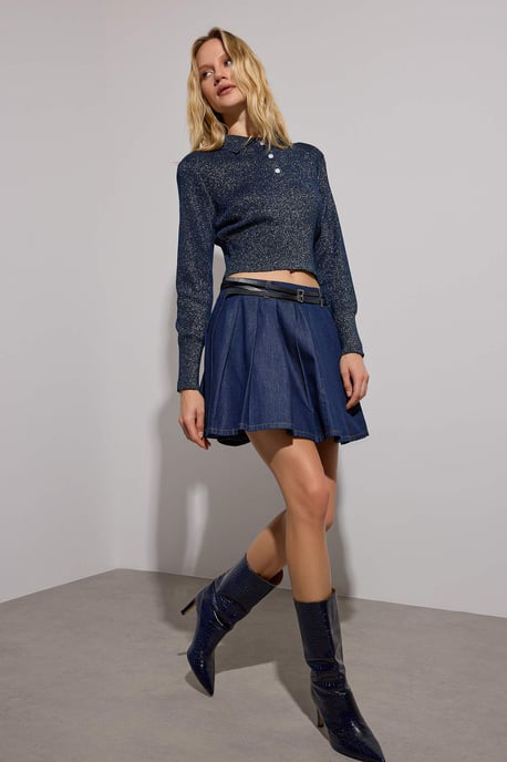 TRENDYOLMİLLA Damen Dunkelblau Einfarbig Kurz / Mini Volantsaum Skater Röcke - Image 1