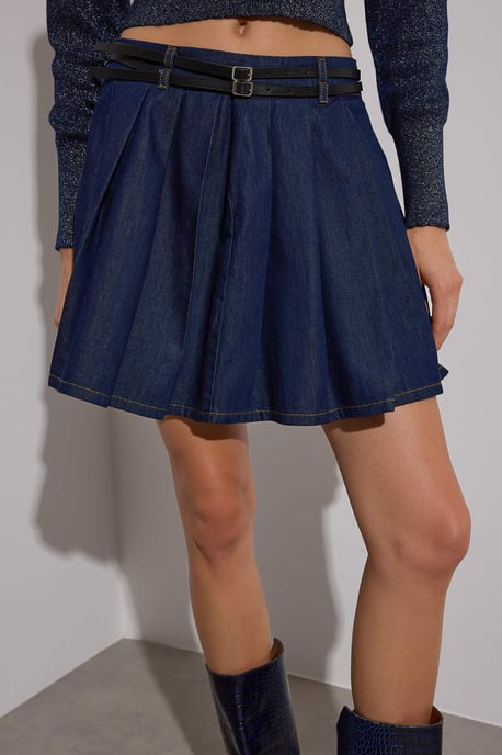 TRENDYOLMİLLA Damen Dunkelblau Einfarbig Kurz / Mini Volantsaum Skater Röcke - Image 2