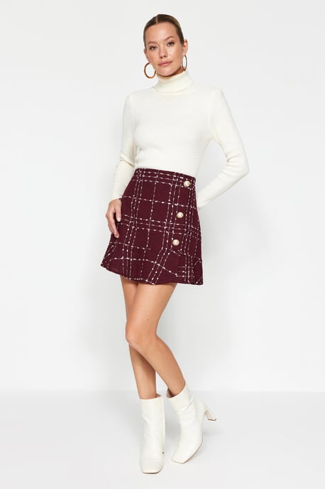 TRENDYOLMİLLA Damen Bordeaux Einfarbig Kurz / Mini Volantsaum A-Linie Röcke - Image 2
