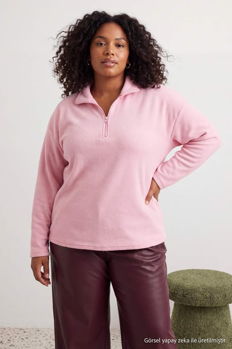 Trendyol Curve Damen Rosa Einfarbig Lang Oversize Große Größen Sweatshirts - Image 1