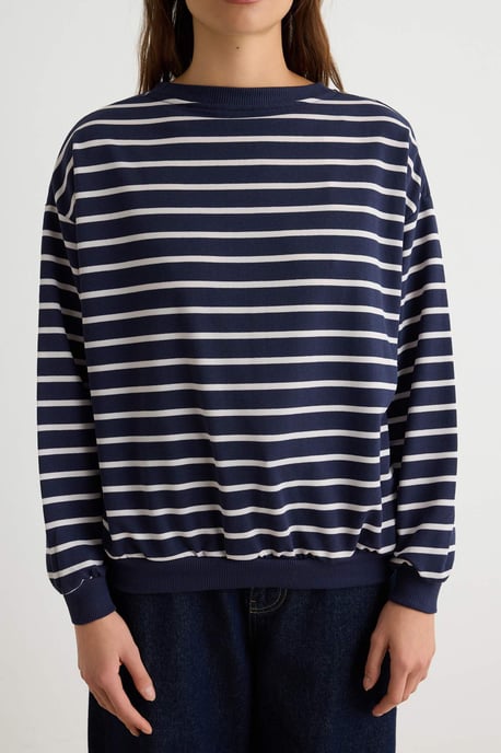 TRENDYOLMİLLA Damen Dunkelblau Gestreift Lang Oversize Sweatshirts - Image 2