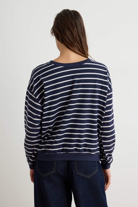 TRENDYOLMİLLA Damen Dunkelblau Gestreift Lang Oversize Sweatshirts - Image 3