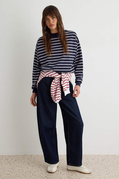 TRENDYOLMİLLA Damen Dunkelblau Gestreift Lang Oversize Sweatshirts - Image 4