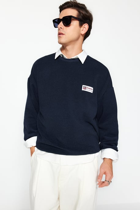 TRENDYOL MAN Herren Dunkelblau Slogan Lang Oversize Sweatshirts - Image 2