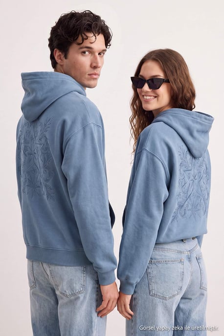 TRENDYOL MAN Herren Blau Slogan Lang Oversize Sweatshirts - Image 1