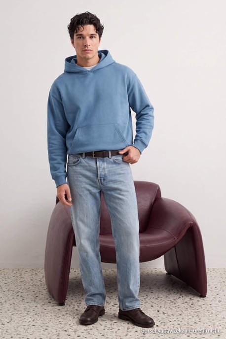 TRENDYOL MAN Herren Blau Slogan Lang Oversize Sweatshirts - Image 3