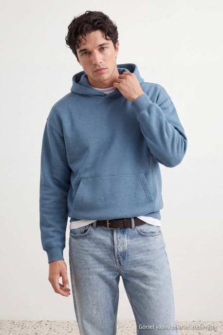 TRENDYOL MAN Herren Blau Slogan Lang Oversize Sweatshirts - Image 4
