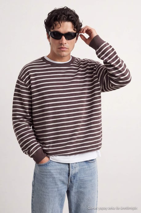 TRENDYOL MAN Herren Braun Gestreift Lang Oversize Sweatshirts - Image 2