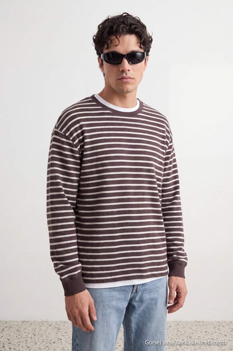 TRENDYOL MAN Herren Braun Gestreift Lang Oversize Sweatshirts - Image 6