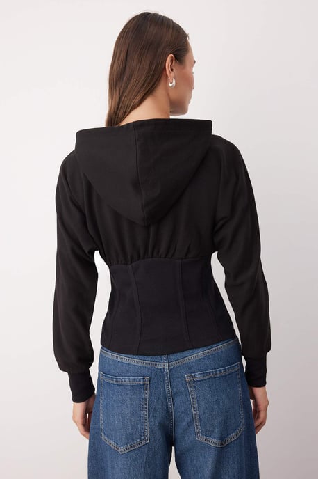 TRENDYOLMİLLA Damen Schwarz Einfarbig Lang Tailliert Sweatshirts - Image 3
