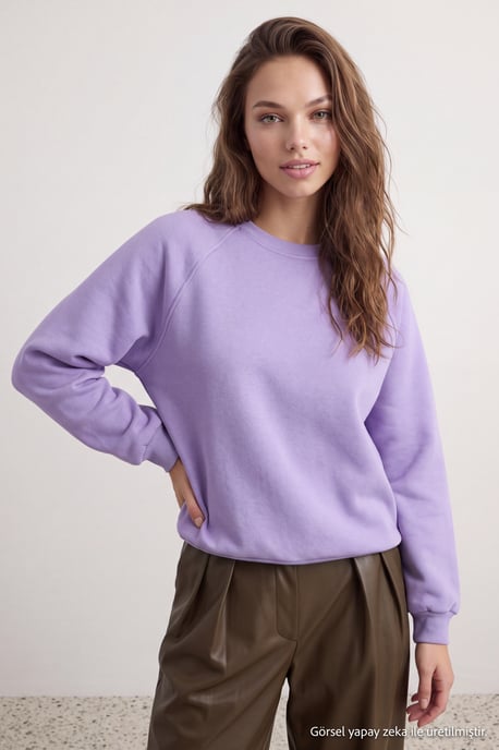 TRENDYOLMİLLA Damen Lila Einfarbig Lang Oversize Sweatshirts - Image 2