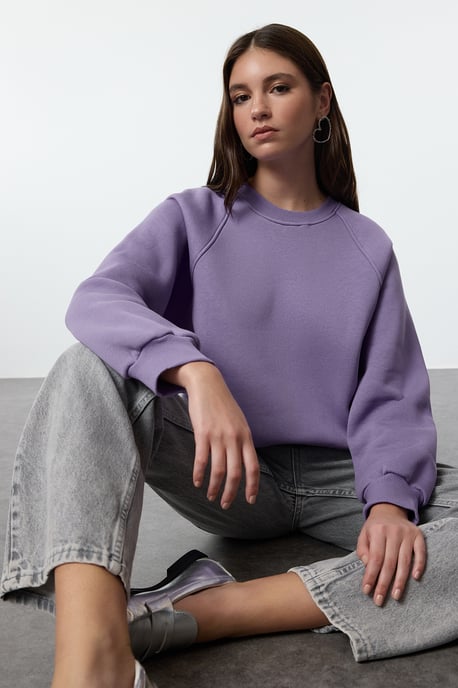 TRENDYOLMİLLA Damen Lila Einfarbig Lang Oversize Sweatshirts - Image 4