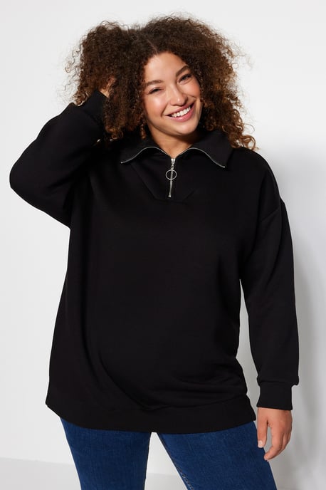 Trendyol Curve Damen Schwarz Einfarbig Lang Oversize Große Größen Sweatshirts - Image 1