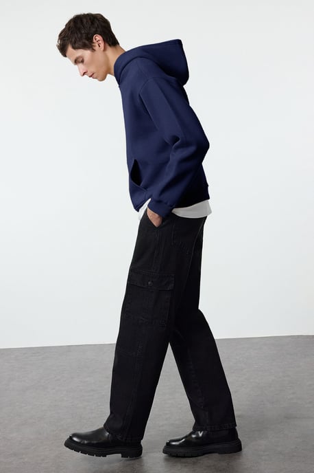TRENDYOL MAN Herren Dunkelblau Slogan Lang Oversize Sweatshirts - Image 4