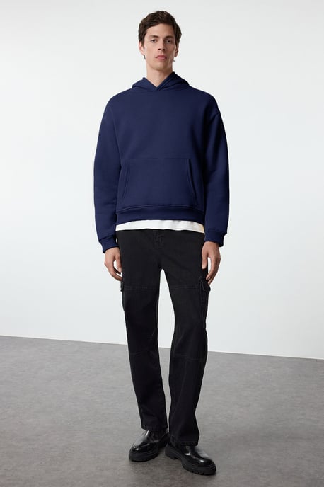 TRENDYOL MAN Herren Dunkelblau Slogan Lang Oversize Sweatshirts - Image 5