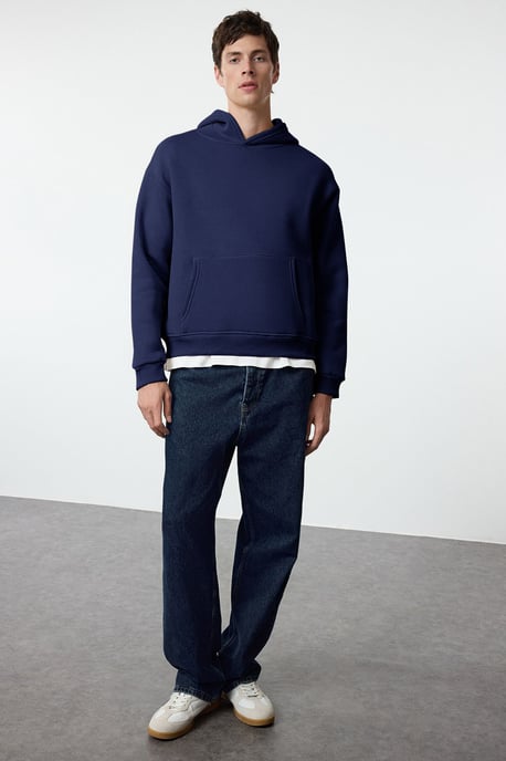 TRENDYOL MAN Herren Dunkelblau Slogan Lang Oversize Sweatshirts - Image 6