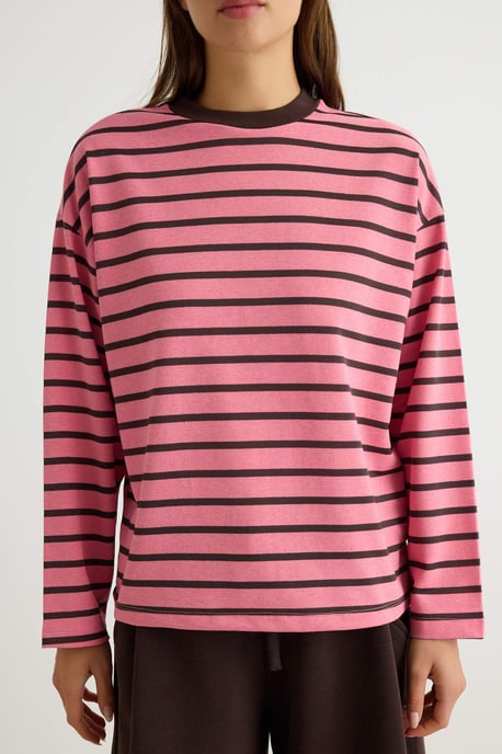 TRENDYOLMİLLA Damen Rosa Gestreift 3/4-Arm Oversize Sweatshirts - Image 2