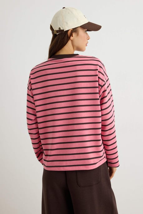 TRENDYOLMİLLA Damen Rosa Gestreift 3/4-Arm Oversize Sweatshirts - Image 3
