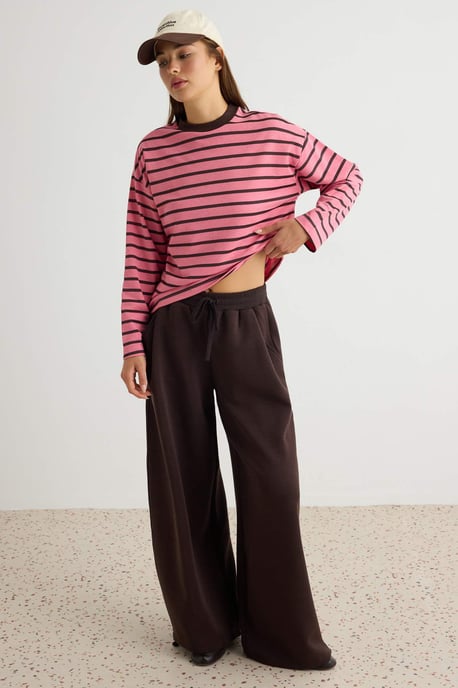 TRENDYOLMİLLA Damen Rosa Gestreift 3/4-Arm Oversize Sweatshirts - Image 4