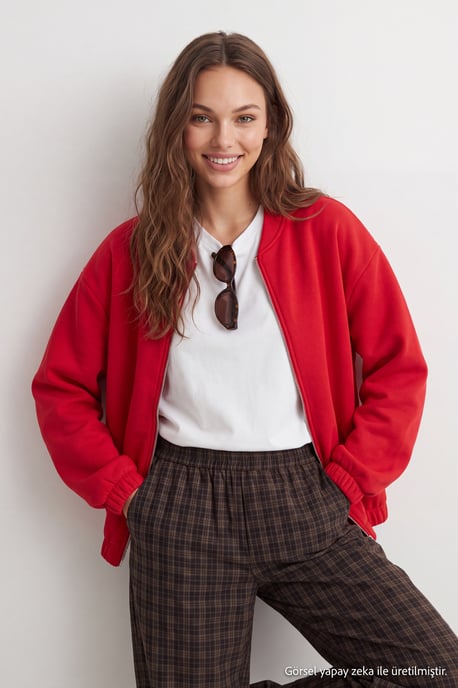 TRENDYOLMİLLA Damen Rot Einfarbig Lang Oversize Sweatshirts - Image 1