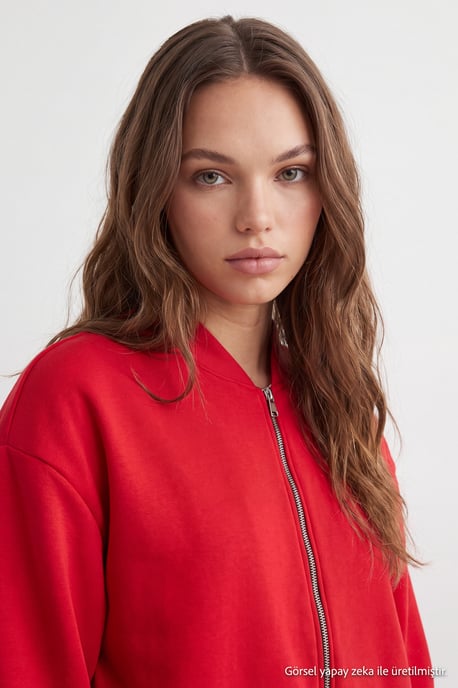 TRENDYOLMİLLA Damen Rot Einfarbig Lang Oversize Sweatshirts - Image 2