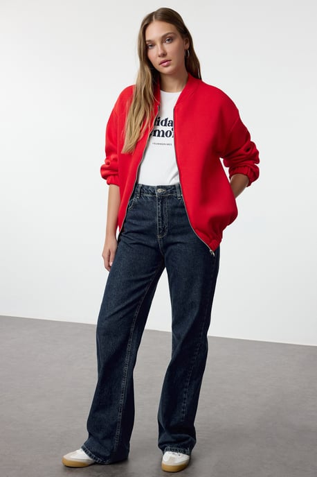 TRENDYOLMİLLA Damen Rot Einfarbig Lang Oversize Sweatshirts - Image 4