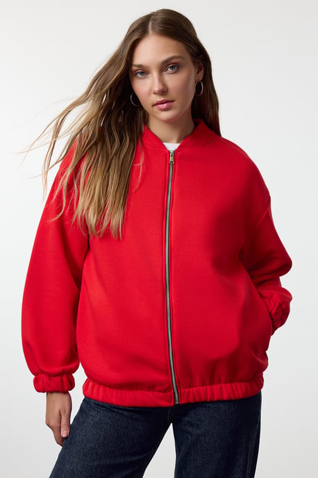 TRENDYOLMİLLA Damen Rot Einfarbig Lang Oversize Sweatshirts - Image 5