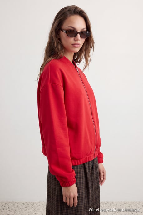 TRENDYOLMİLLA Damen Rot Einfarbig Lang Oversize Sweatshirts - Image 6