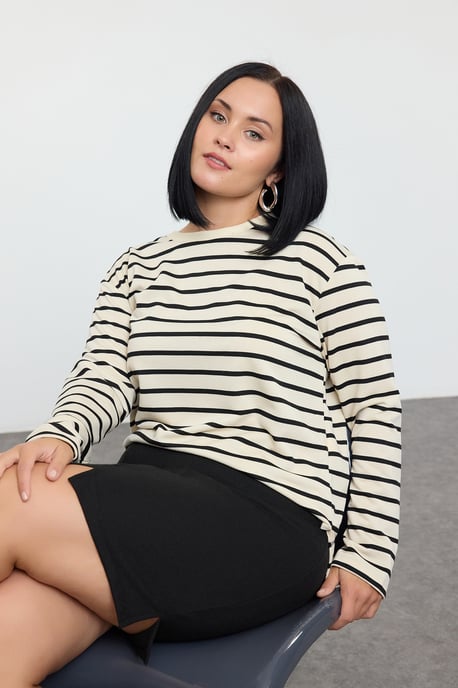 Trendyol Curve Damen Beige Gestreift Lang Regular Fit Große Größen Sweatshirts - Image 1