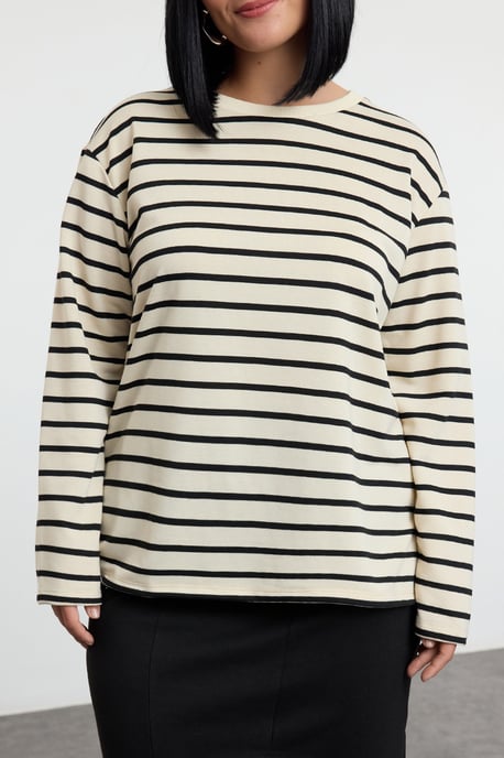 Trendyol Curve Damen Beige Gestreift Lang Regular Fit Große Größen Sweatshirts - Image 2
