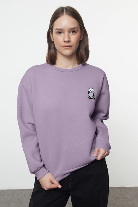 TRENDYOLMİLLA Damen Lila Animal-Print Lang Regular Fit Sweatshirts - Image 2