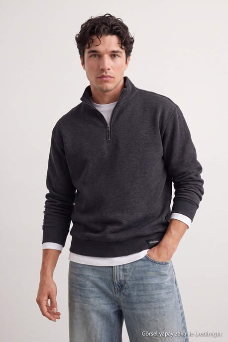 TRENDYOL MAN Herren Grau Slogan Lang Oversize Sweatshirts - Image 1