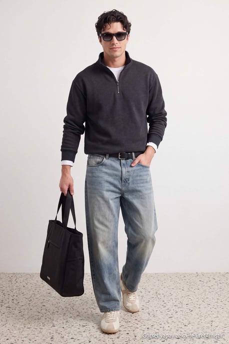TRENDYOL MAN Herren Grau Slogan Lang Oversize Sweatshirts - Image 2