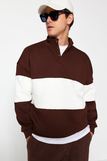 TRENDYOL MAN Herren Braun Colour-Block Lang Oversize Sweatshirts - Image 6