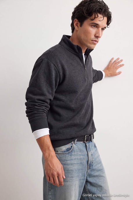 TRENDYOL MAN Herren Grau Slogan Lang Oversize Sweatshirts - Image 6