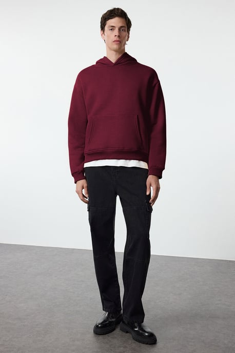 TRENDYOL MAN Herren Bordeaux Slogan Lang Oversize Sweatshirts - Image 3