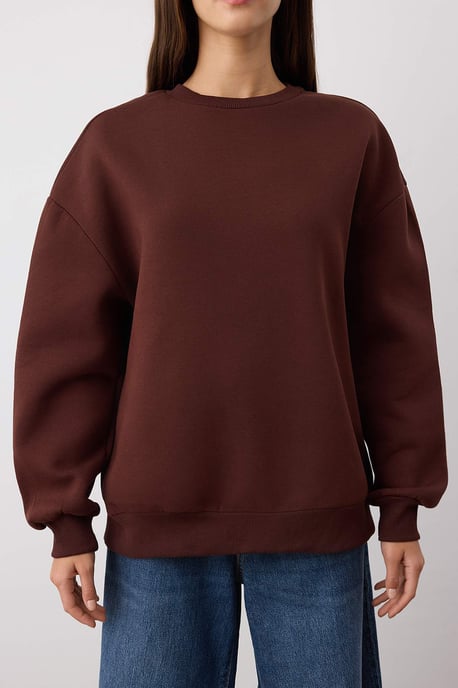 TRENDYOLMİLLA Damen Braun Einfarbig Lang Oversize Sweatshirts - Image 2