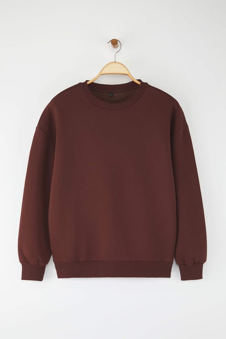 TRENDYOLMİLLA Damen Braun Einfarbig Lang Oversize Sweatshirts - Image 4