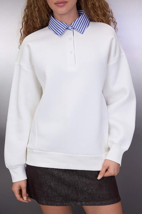TRENDYOLMİLLA Damen Ecru Einfarbig Lang Oversize Sweatshirts - Image 2
