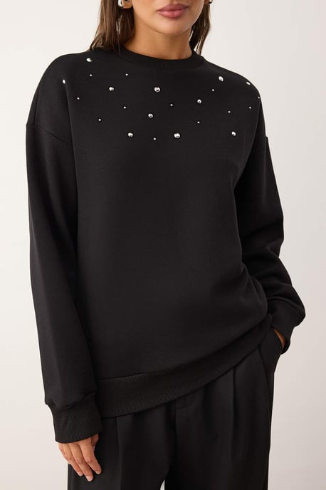 TRENDYOLMİLLA Damen Schwarz Einfarbig Lang Relaxed Fit Sweatshirts - Image 2