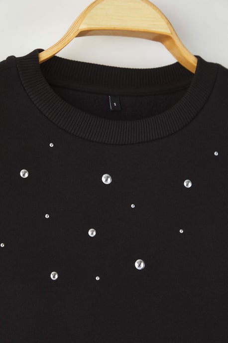 TRENDYOLMİLLA Damen Schwarz Einfarbig Lang Relaxed Fit Sweatshirts - Image 5