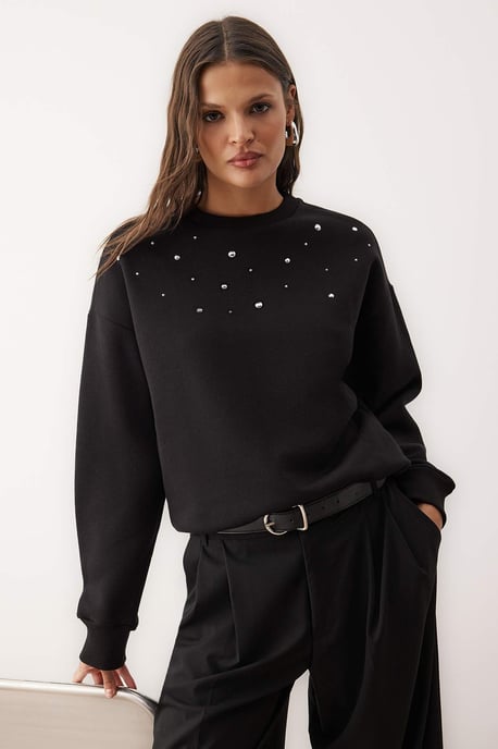 TRENDYOLMİLLA Damen Schwarz Einfarbig Lang Relaxed Fit Sweatshirts - Image 6