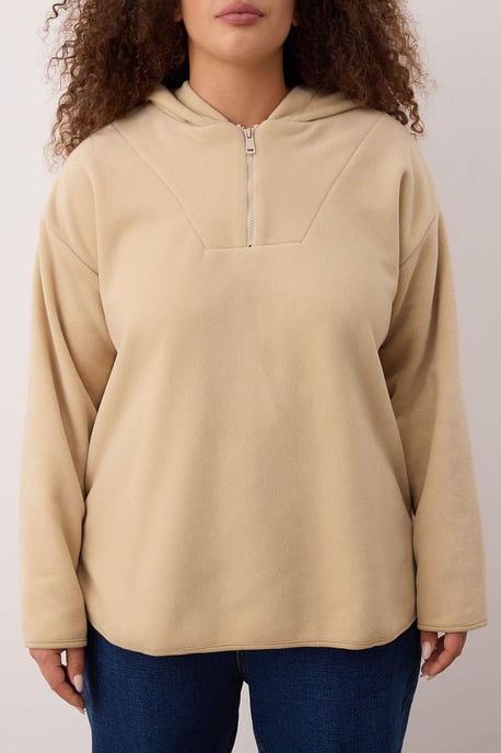 Trendyol Curve Damen Beige Einfarbig Lang Oversize Große Größen Sweatshirts - Image 2