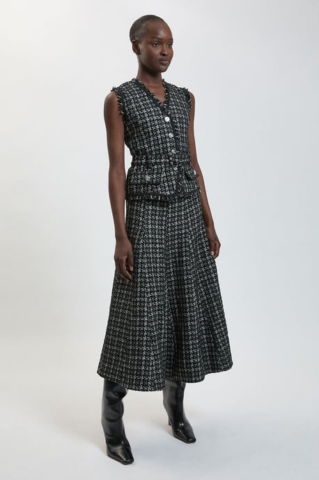 Bouclé tailliertes ärmelloses Satin-Mix-Midikleid mit weitem Rock - Image 1