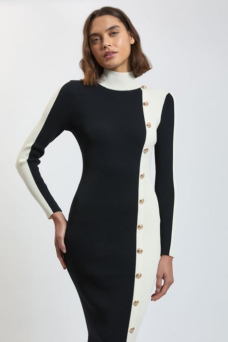 Strickkleid in Rippstrick mit Kontrastdetail, Midi - Image 2