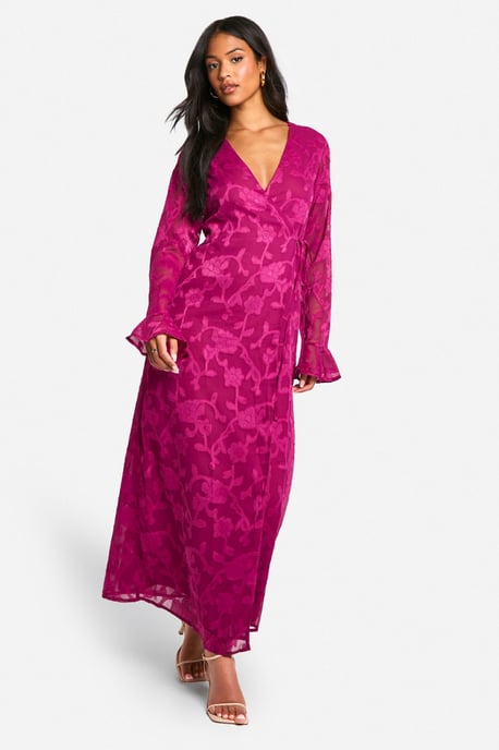 Boohoo Tall Wickelkleid mit Floral-Burnout und Rüschen - Image 3