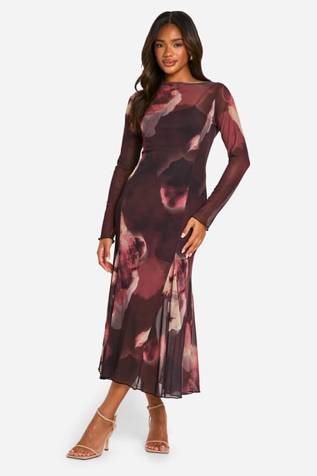Boohoo Midaxi-Kleid mit Schlitz-Ausschnitt, floralem Mesh-Print und Godet-Saum - Image 1