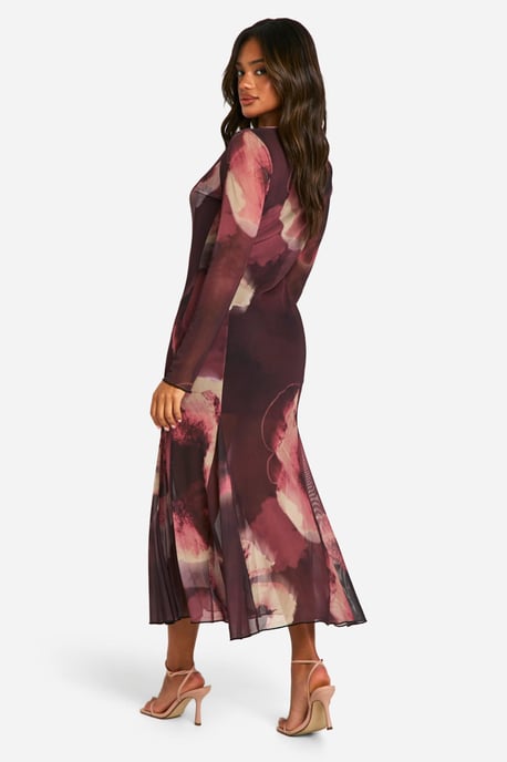Boohoo Midaxi-Kleid mit Schlitz-Ausschnitt, floralem Mesh-Print und Godet-Saum - Image 2