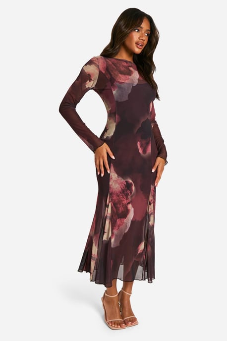 Boohoo Midaxi-Kleid mit Schlitz-Ausschnitt, floralem Mesh-Print und Godet-Saum - Image 3